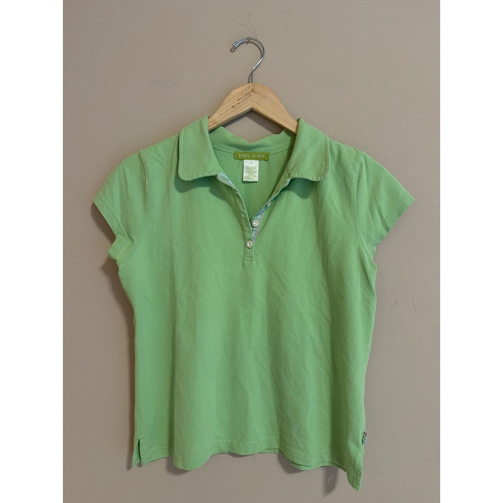 Y2K Lime Green Pique Polo Shirt Short Sleeve Striped Trim Size M